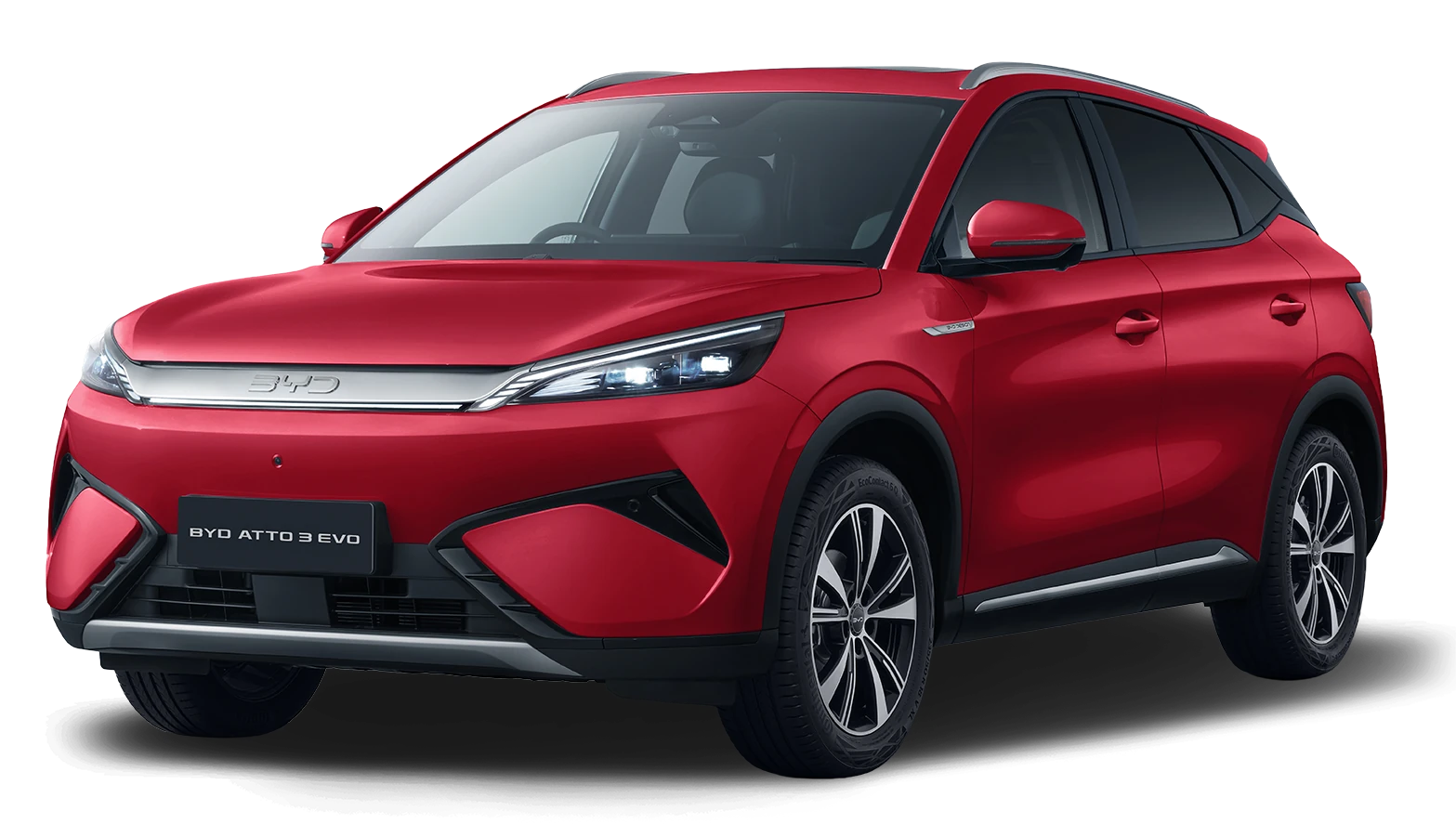 Red BYD ATTO 3 EVO in a front three-quarter view