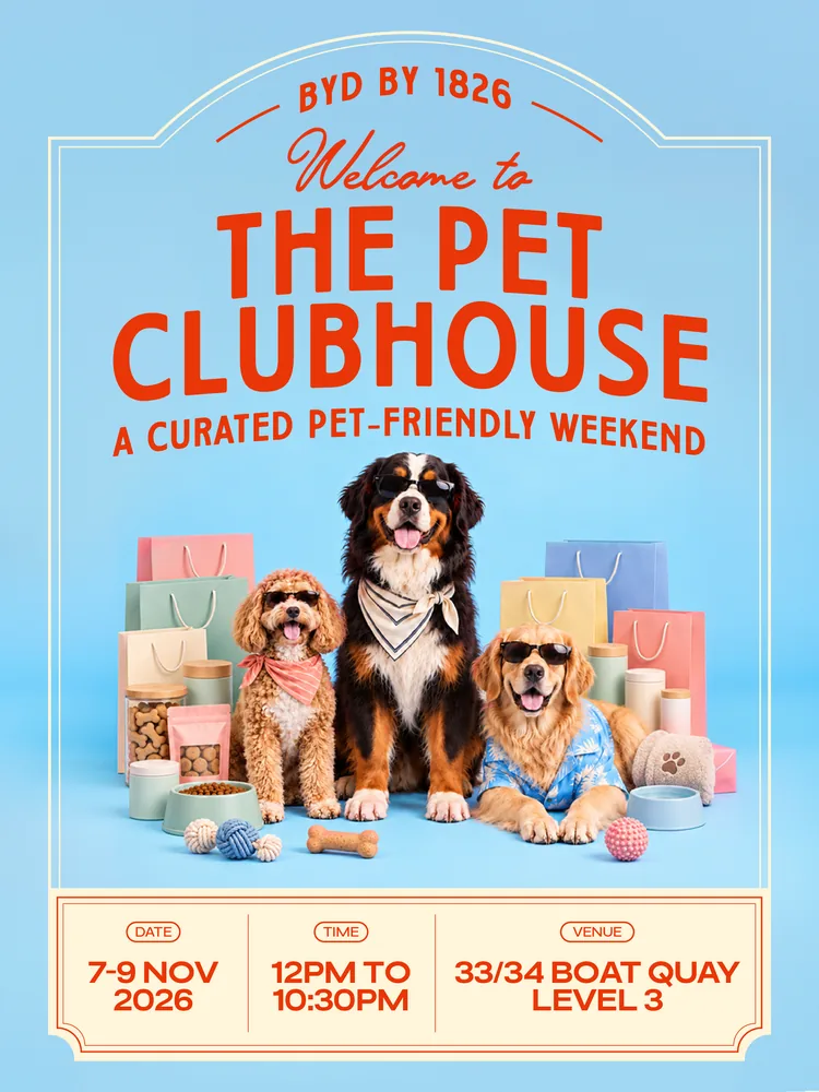 Dogs surrounded by colourful pet treats and shopping bags at The Pet Clubhouse